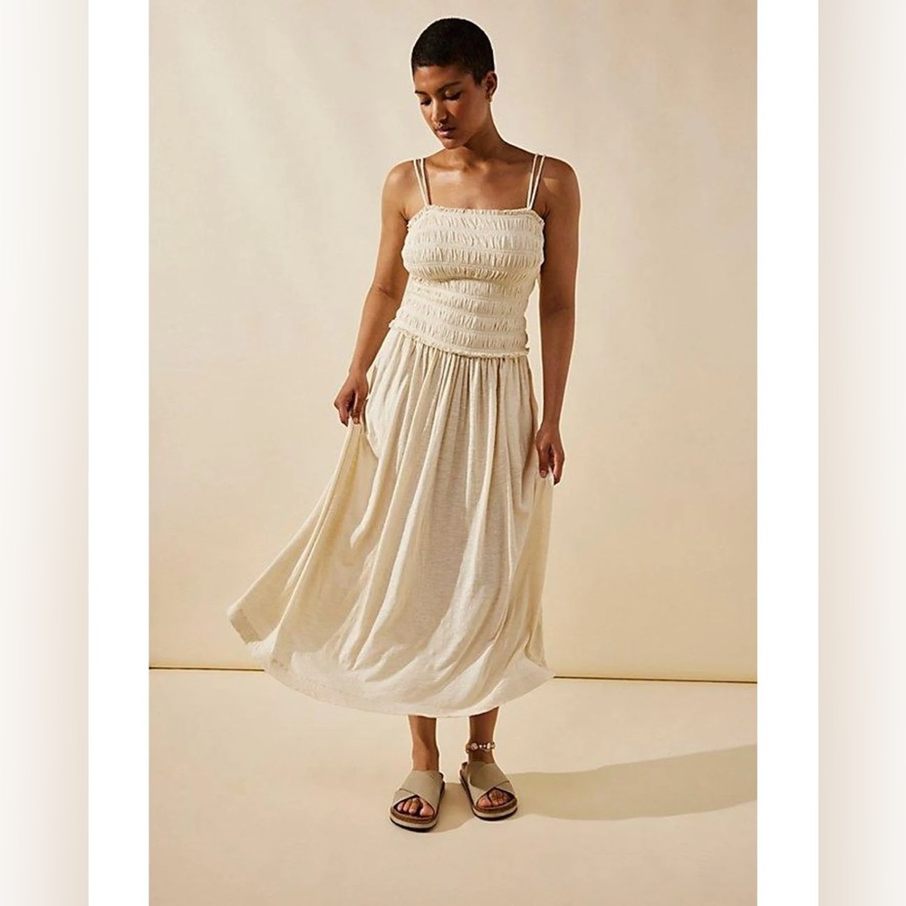 Free People Cream Smocked Midi Dress